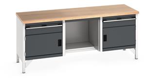 Bott Cubio Storage Workbench 2000mm wide x 750mm Deep x 840mm high supplied with a Multiplex (layered beech ply) worktop, 2 x 150mm high drawers, 2 x 350mm high integral storage cupboards and 1 x open mid section with 1/2 depth base shelf.... 2000mm Wide Engineering Storage Benches with Cupboards & Drawers